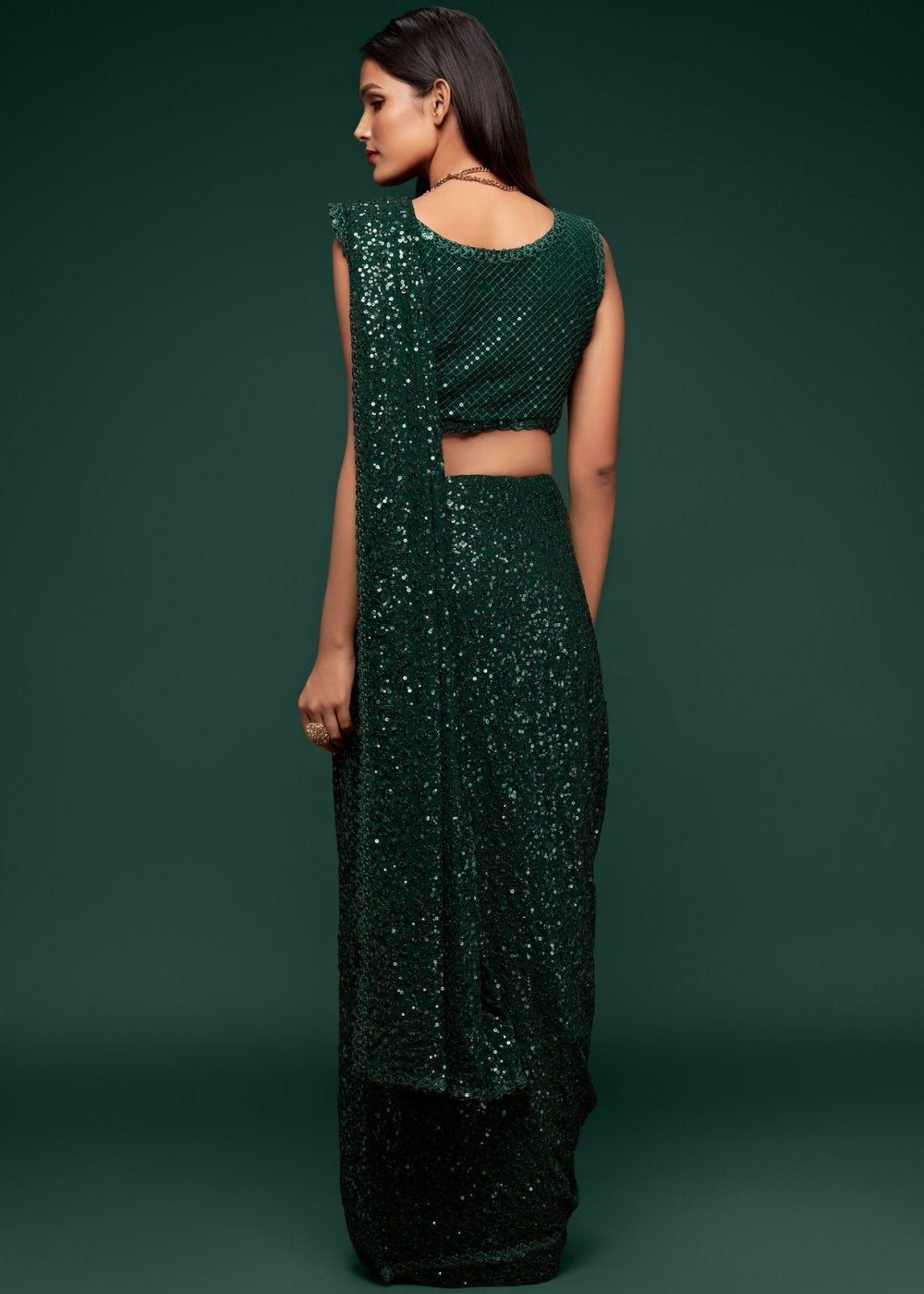 Sacramento Green Sequins & Thread Embroidered Designer Georgette Saree