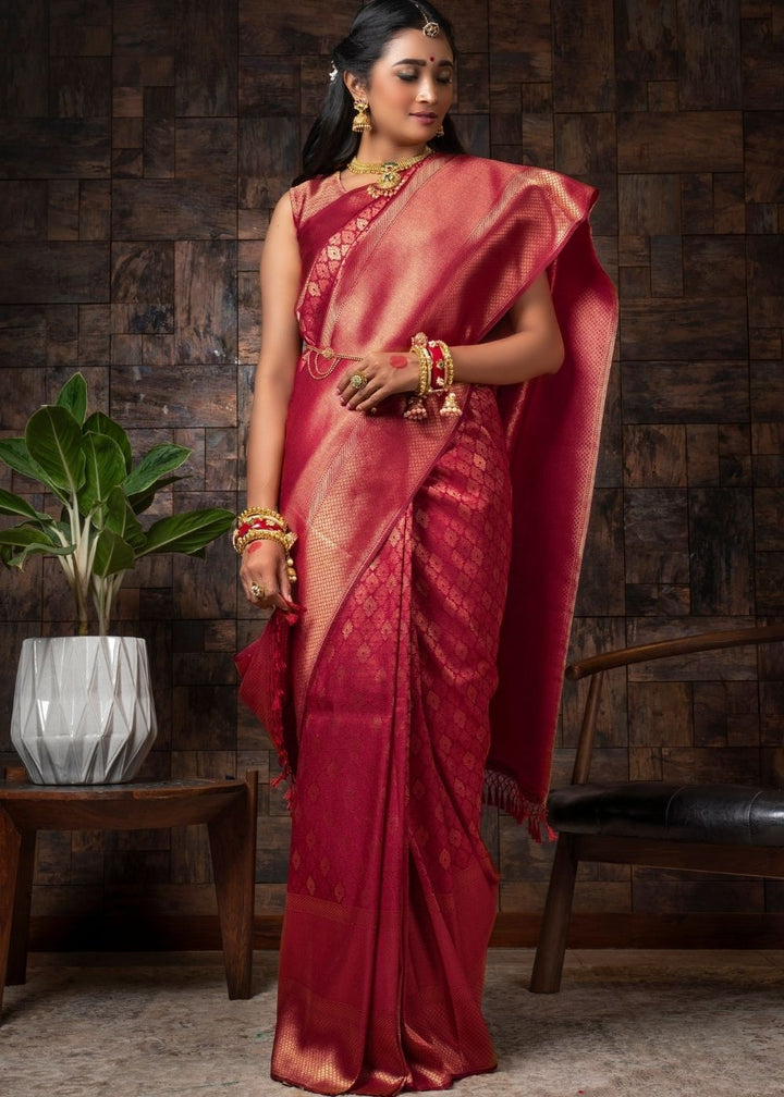 Raspberry Red Woven Kanjivaram Silk Saree