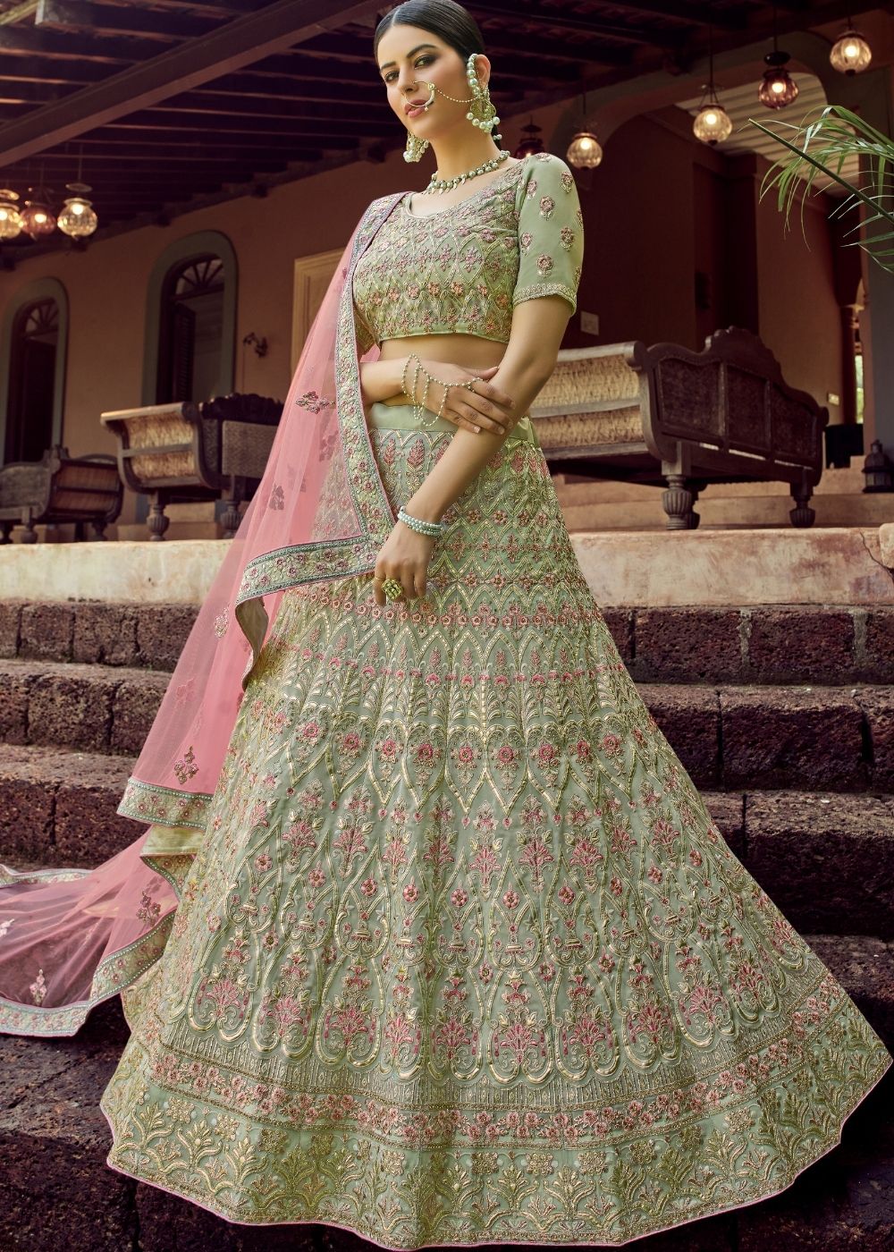 Fern Green Georgette Lehenga Choli with Resham & Gota work