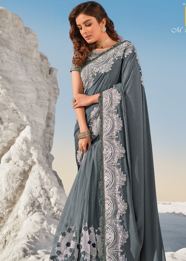 Fiord Grey Designer Net & Imported Fabric Saree with Hand-Made Flower, Jari & Diamond work: Top Pick