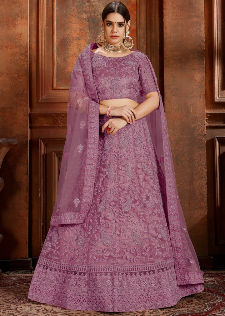 Mauve Purple Soft Net Lehenga Choli with Thread, Zarkan & Pearl work