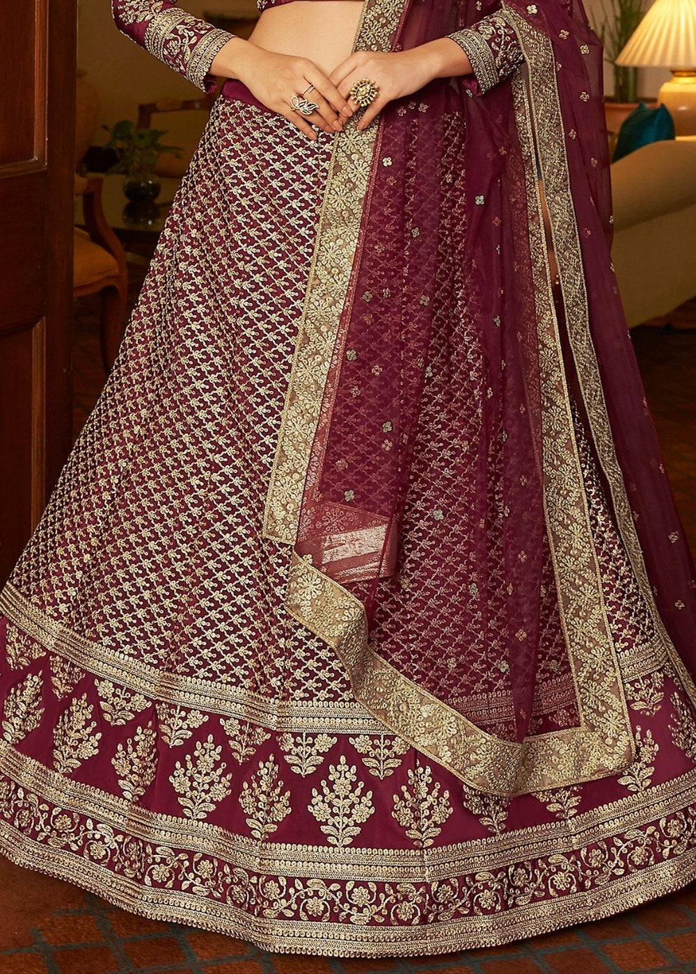 Maroon Red Crepe Lehenga Choli with Dori & Sequins work