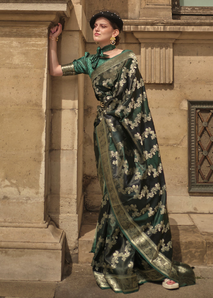 Hunter Green Woven Rangkat Satin Silk Saree