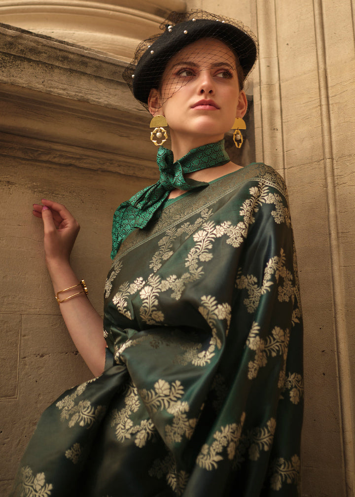 Hunter Green Woven Rangkat Satin Silk Saree