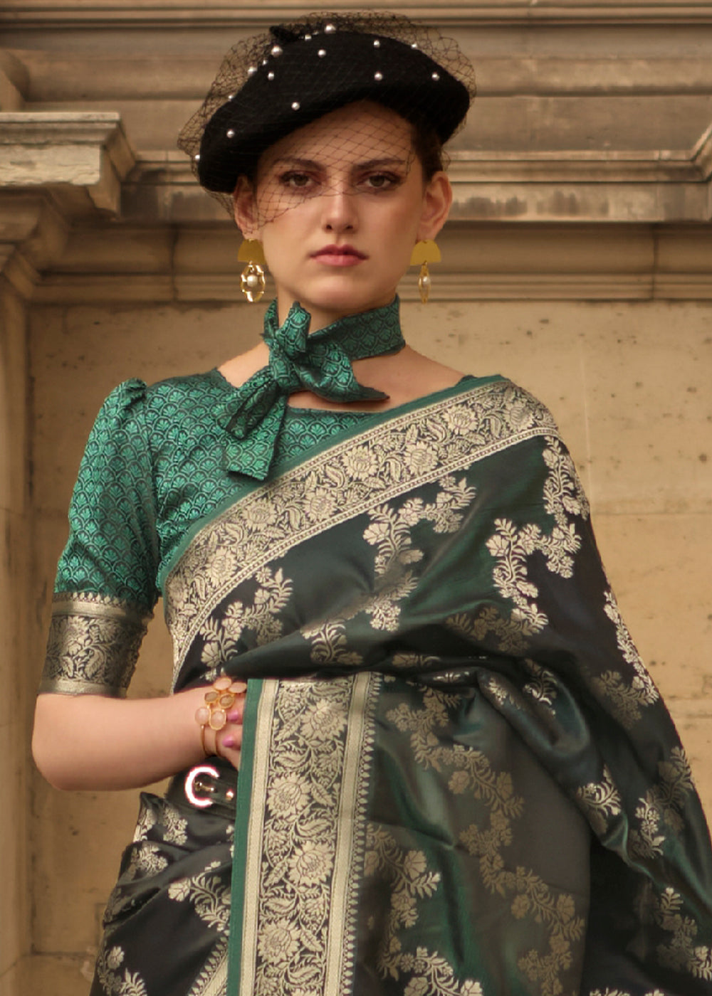 Hunter Green Woven Rangkat Satin Silk Saree