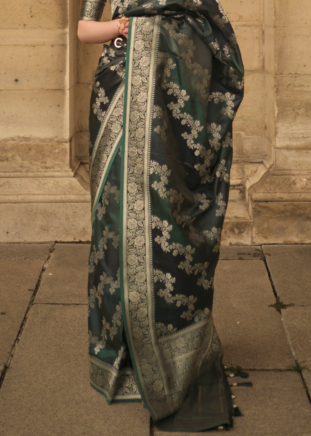 Hunter Green Woven Rangkat Satin Silk Saree