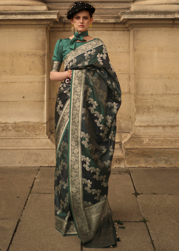 Hunter Green Woven Rangkat Satin Silk Saree