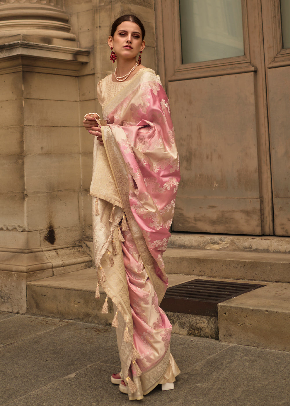 Pink & Brown Woven Rangkat Satin Silk Saree