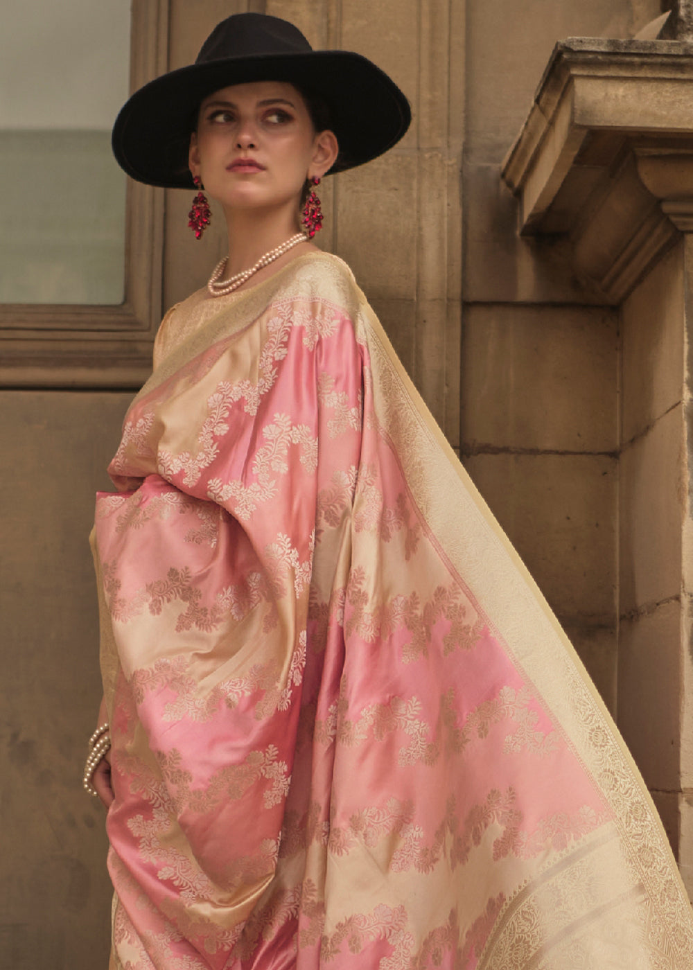 Pink & Brown Woven Rangkat Satin Silk Saree