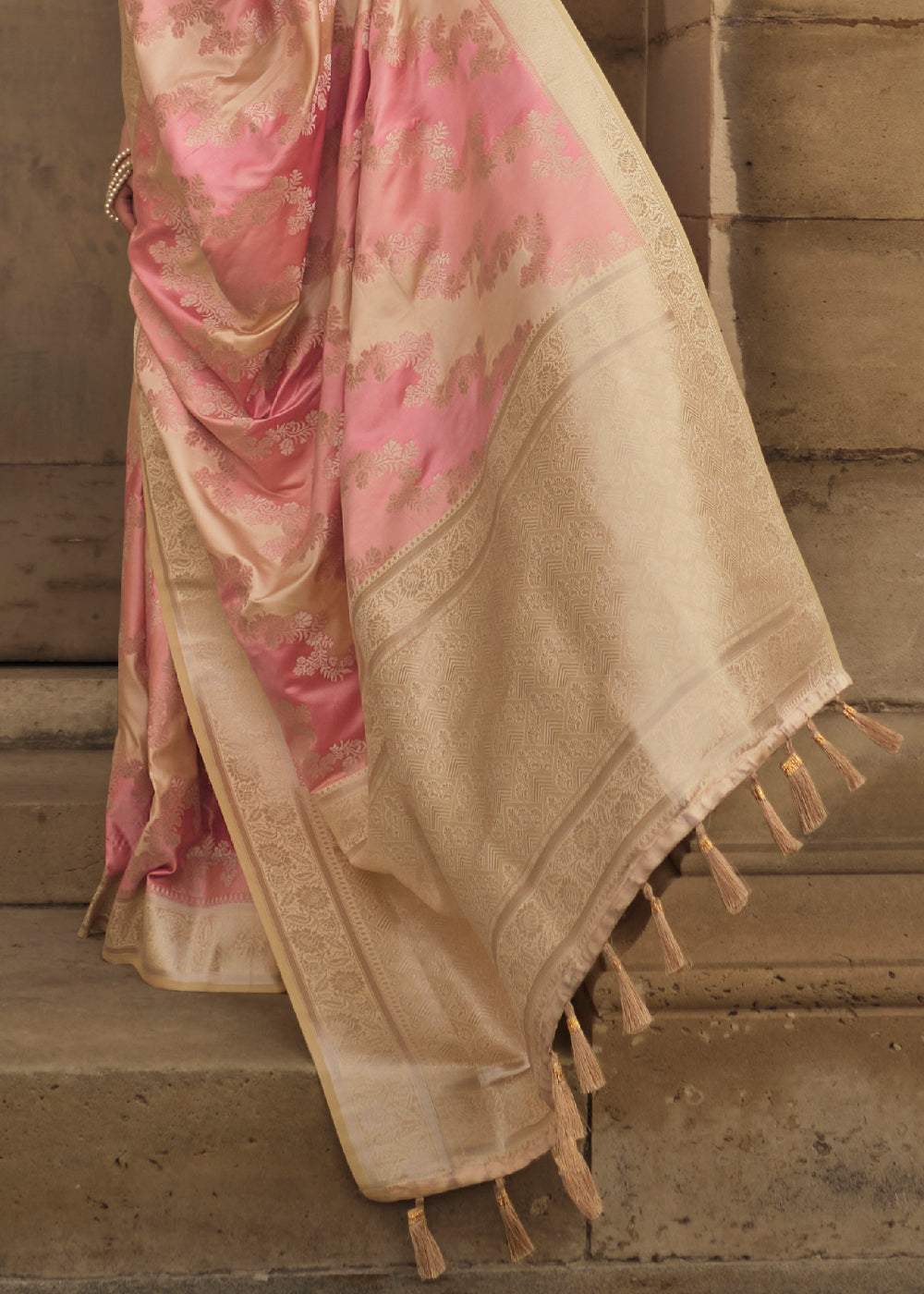 Pink & Brown Woven Rangkat Satin Silk Saree