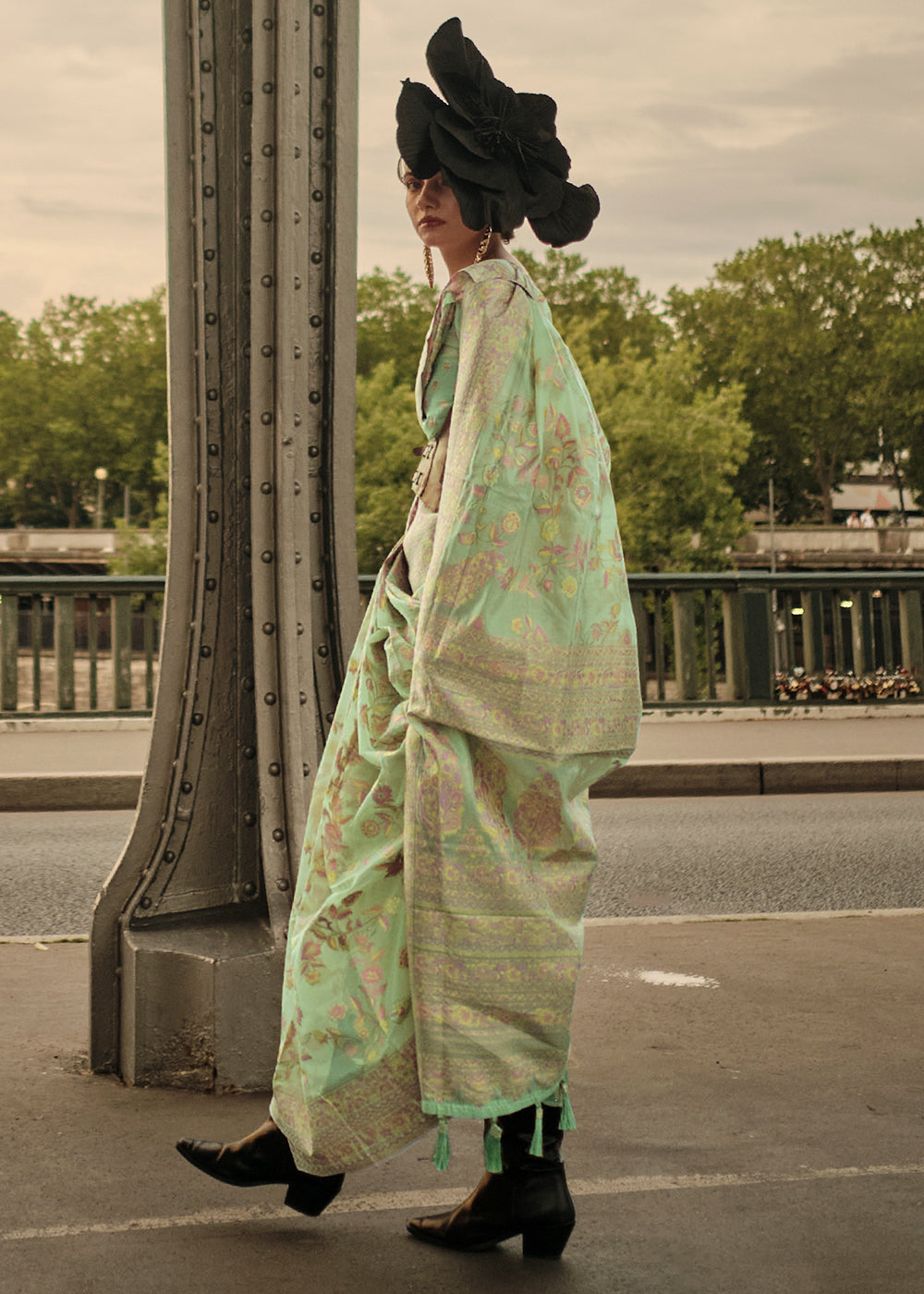 Light Green Woven Kashmiri Organza Silk Saree