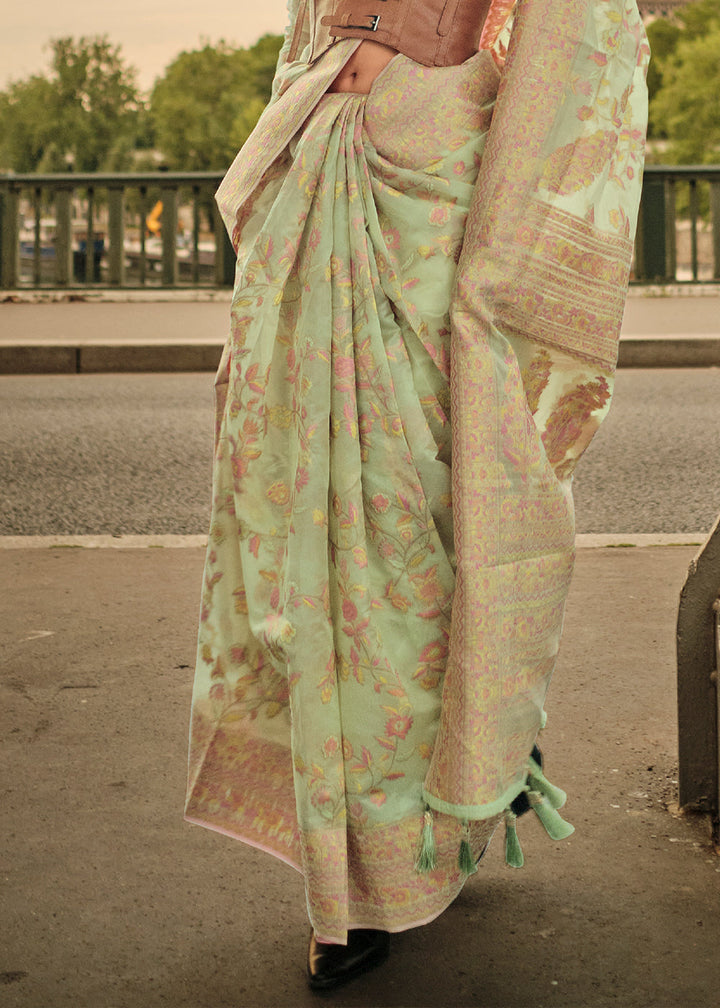 Light Green Woven Kashmiri Organza Silk Saree