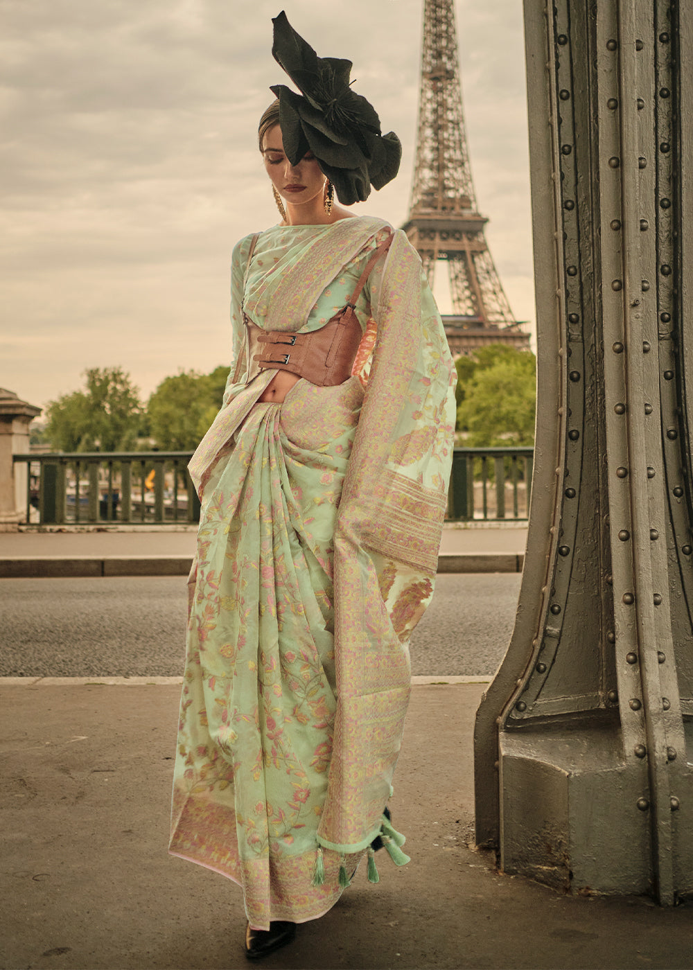 Light Green Woven Kashmiri Organza Silk Saree