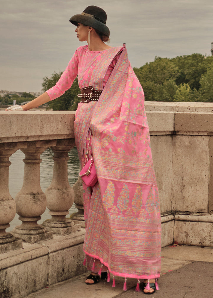 Watermelon Pink Woven Kashmiri Organza Silk Saree