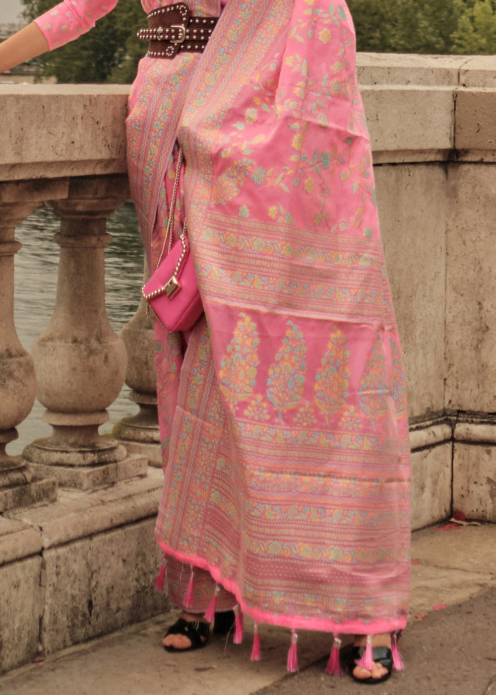 Watermelon Pink Woven Kashmiri Organza Silk Saree