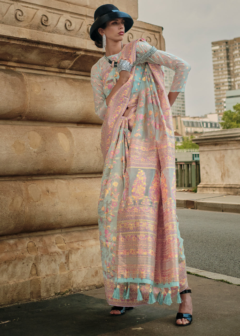 Koi Blue Woven Kashmiri Organza Silk Saree