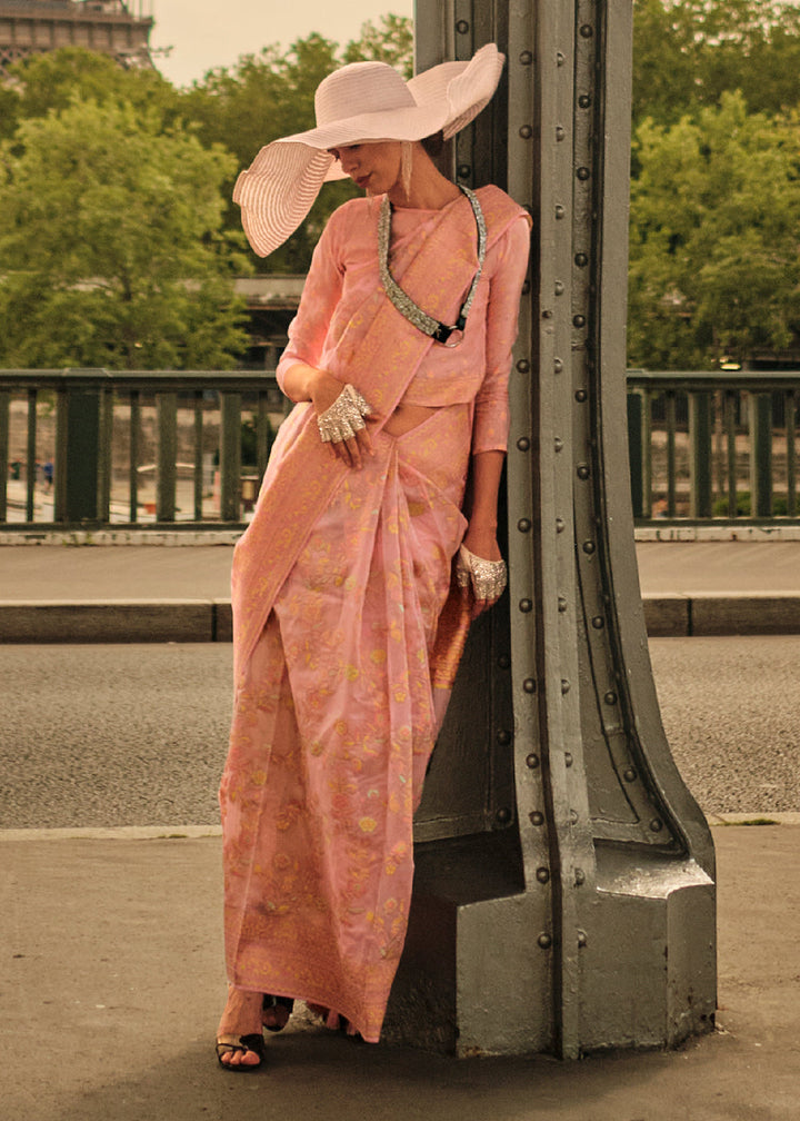 Peach Pink Woven Kashmiri Organza Silk Saree