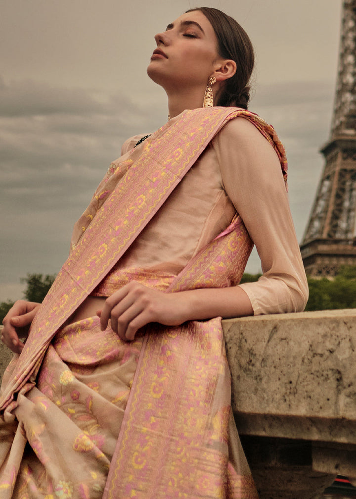 Light Brown & Pink Woven Kashmiri Organza Silk Saree