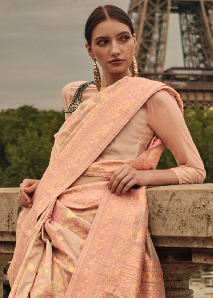 Light Brown & Pink Woven Kashmiri Organza Silk Saree