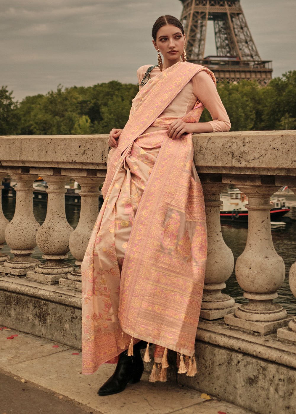 Light Brown & Pink Woven Kashmiri Organza Silk Saree