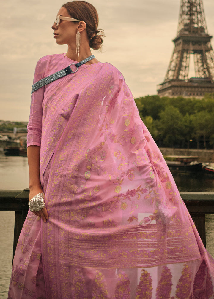 Neon Pink Woven Kashmiri Organza Silk Saree