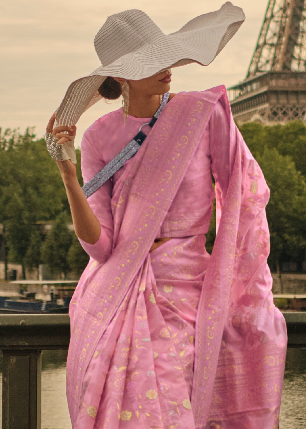 Neon Pink Woven Kashmiri Organza Silk Saree