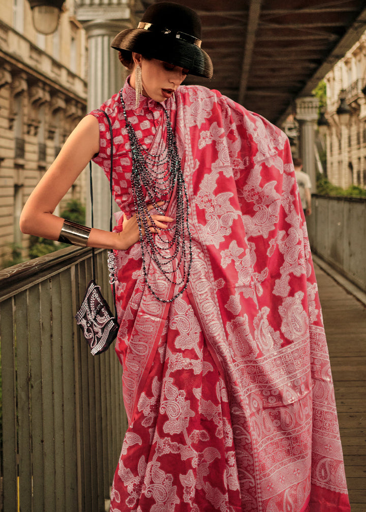 Ruby Pink Zari Handloom Woven Organza Silk Saree