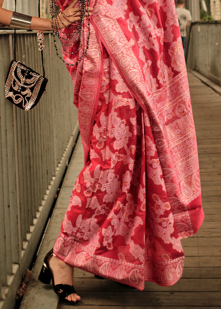 Ruby Pink Zari Handloom Woven Organza Silk Saree