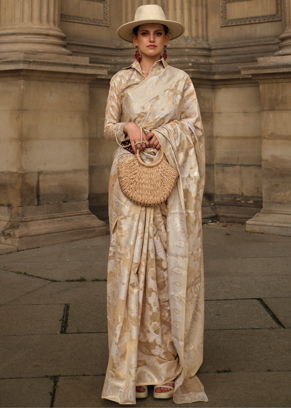 Beige Brown Zari Handloom Woven Organza Silk Saree