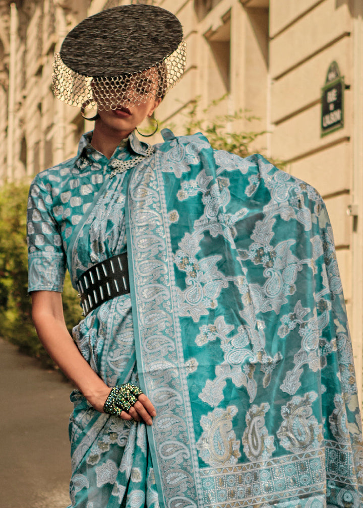 Shades Of Blue Zari Handloom Woven Organza Silk Saree