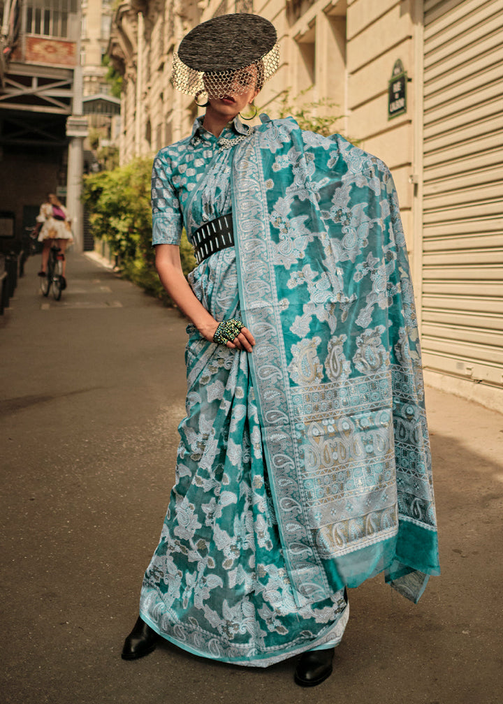 Shades Of Blue Zari Handloom Woven Organza Silk Saree