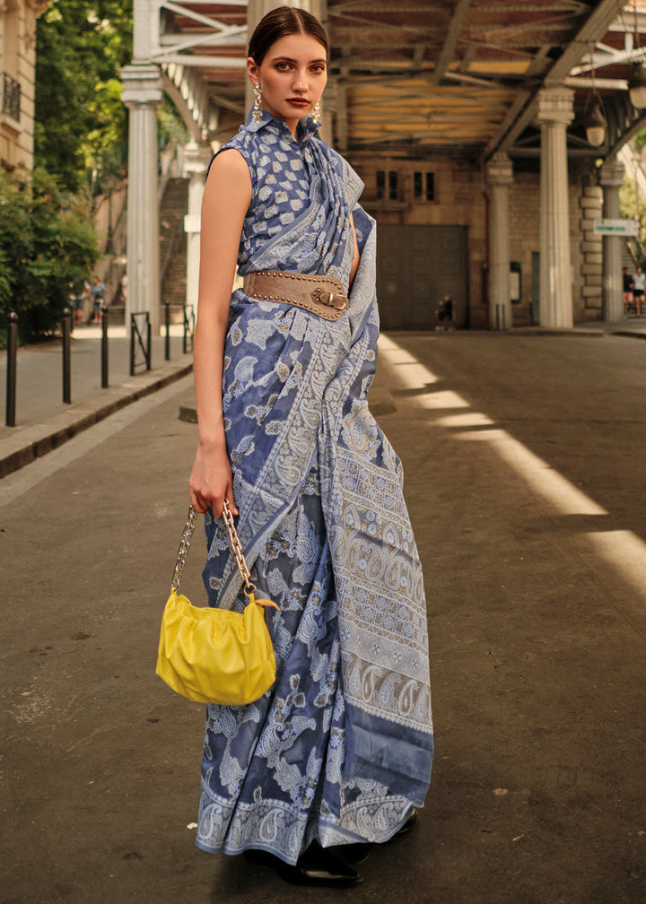 Capri Blue Zari Handloom Woven Organza Silk Saree