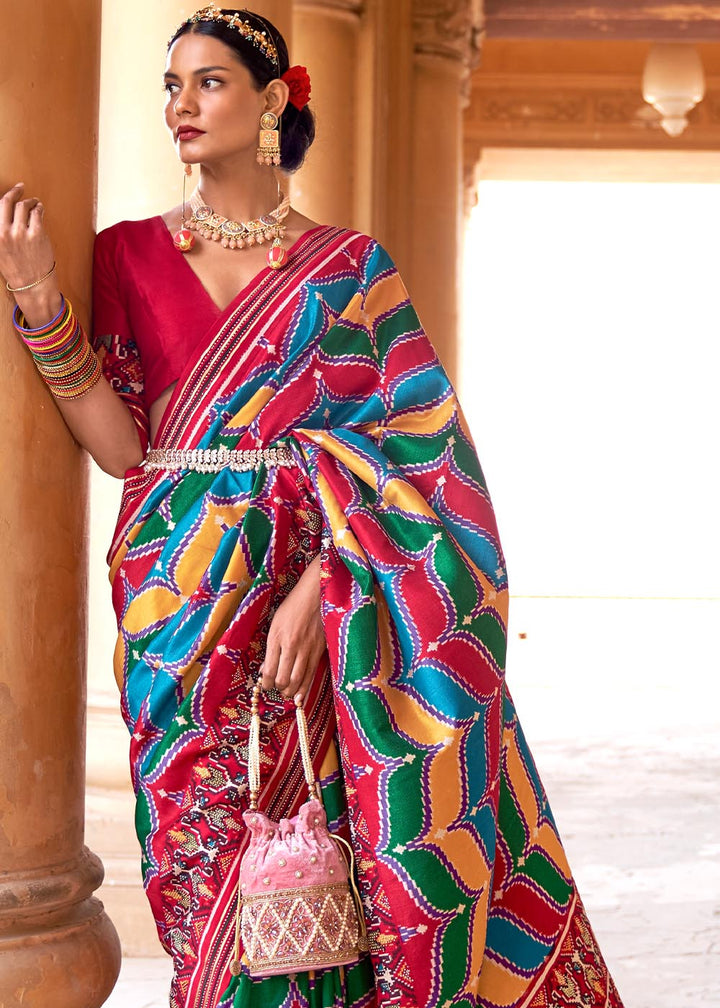 Multicoloured Printed Patola Silk Saree with Zari Border & Tassels on Pallu