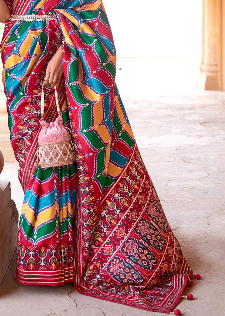 Multicoloured Printed Patola Silk Saree with Zari Border & Tassels on Pallu