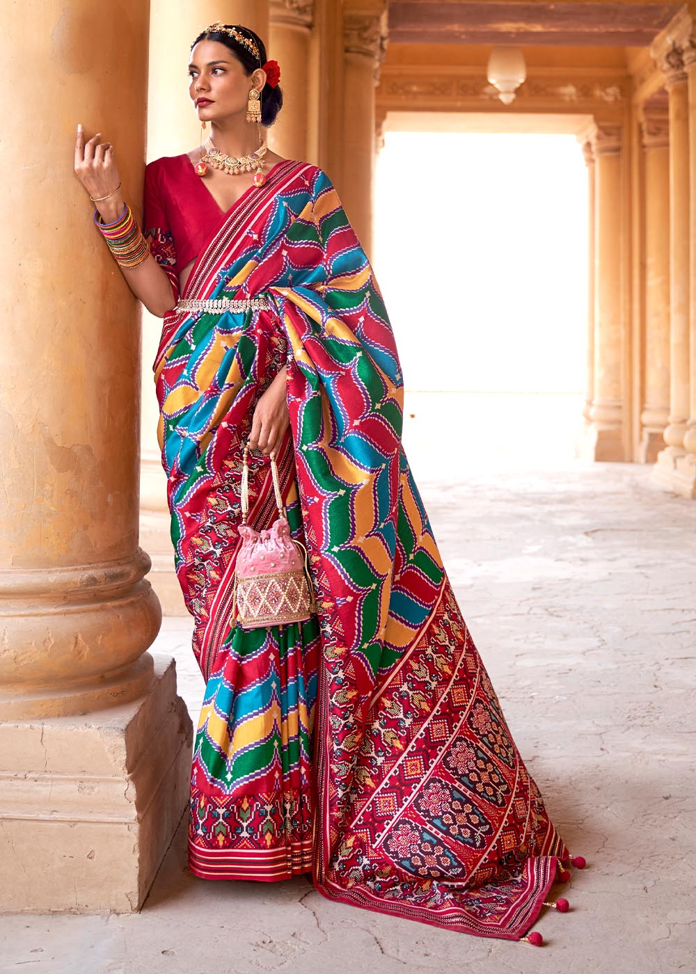 Multicoloured Printed Patola Silk Saree with Zari Border & Tassels on Pallu