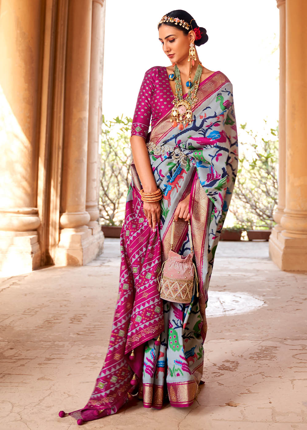 Ice Grey Printed Patola Silk Saree with Zari Border & Tassels on Pallu : Top Pick