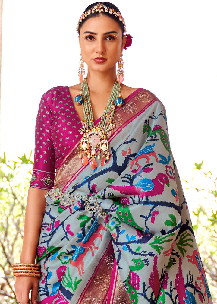 Ice Grey Printed Patola Silk Saree with Zari Border & Tassels on Pallu : Top Pick