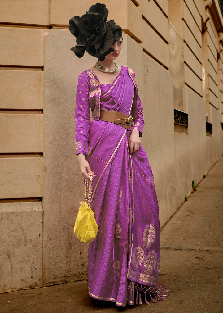 Neon Purple Zari Handloom Woven Satin Silk Saree