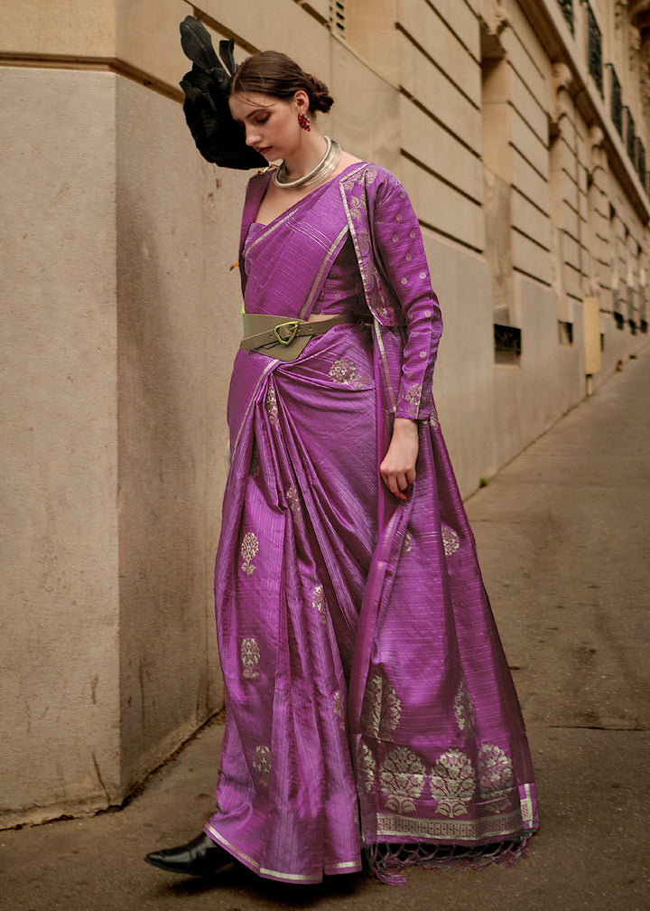 Neon Purple Zari Handloom Woven Satin Silk Saree