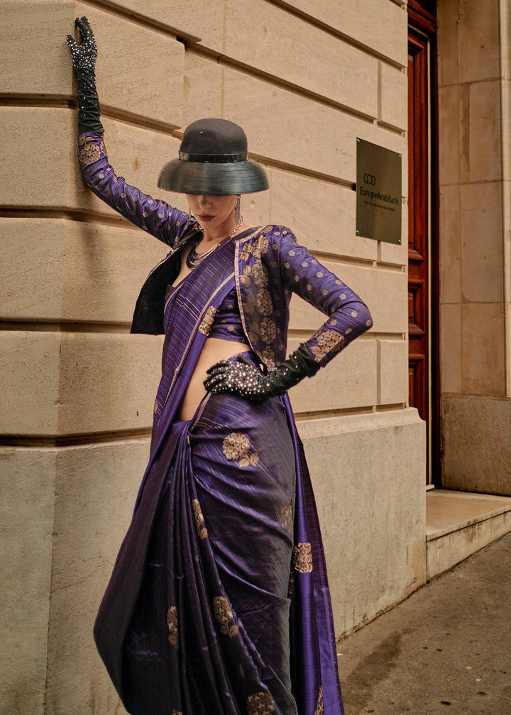 Indigo Purple Zari Handloom Woven Satin Silk Saree