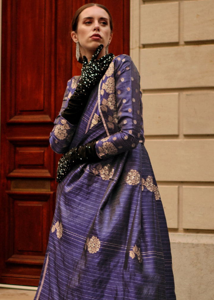 Indigo Purple Zari Handloom Woven Satin Silk Saree