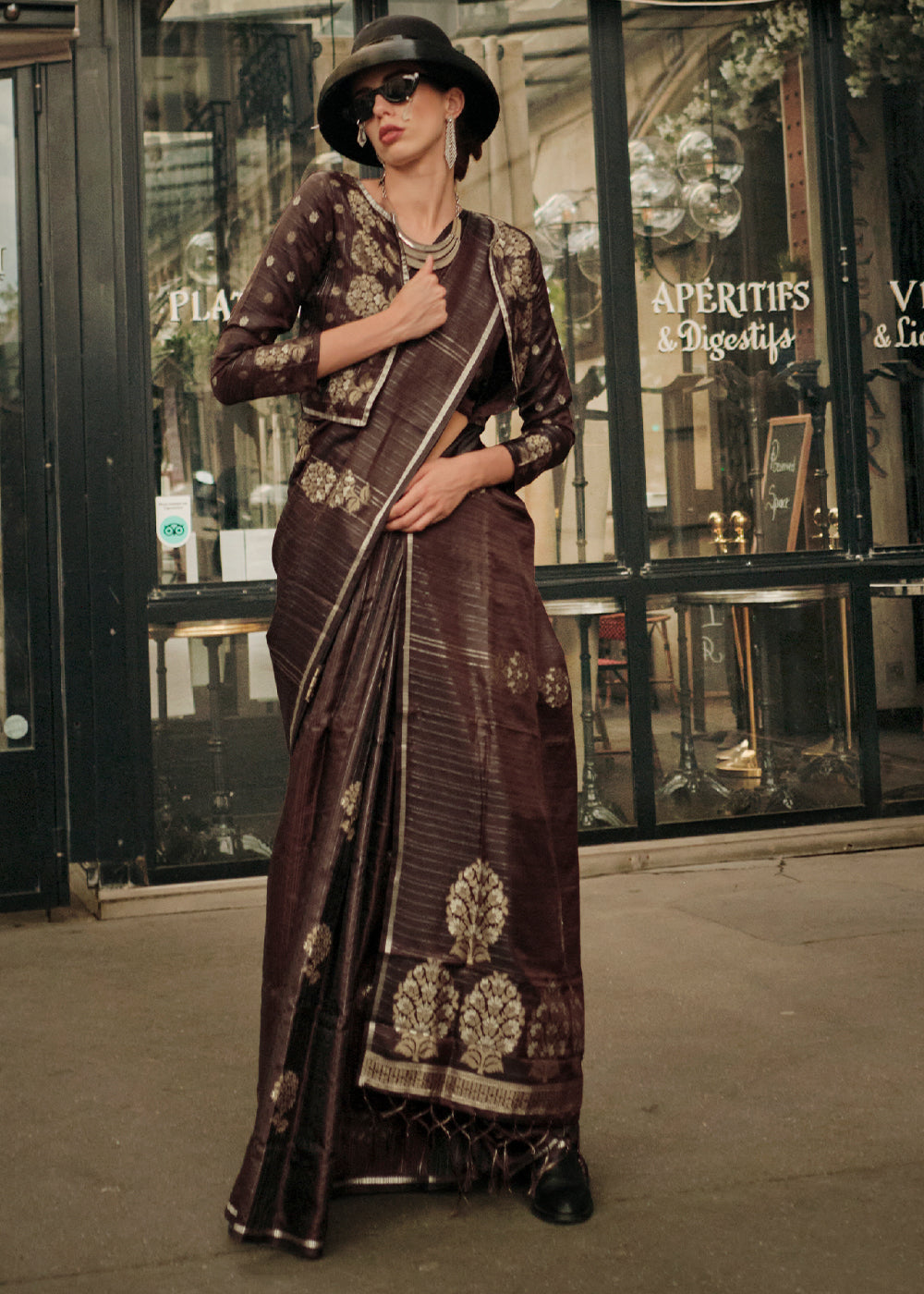 Mocha Brown Zari Handloom Woven Satin Silk Saree