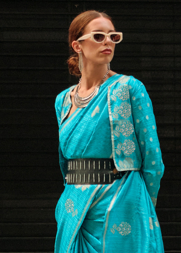 Cerulean Blue Zari Handloom Woven Satin Silk Saree