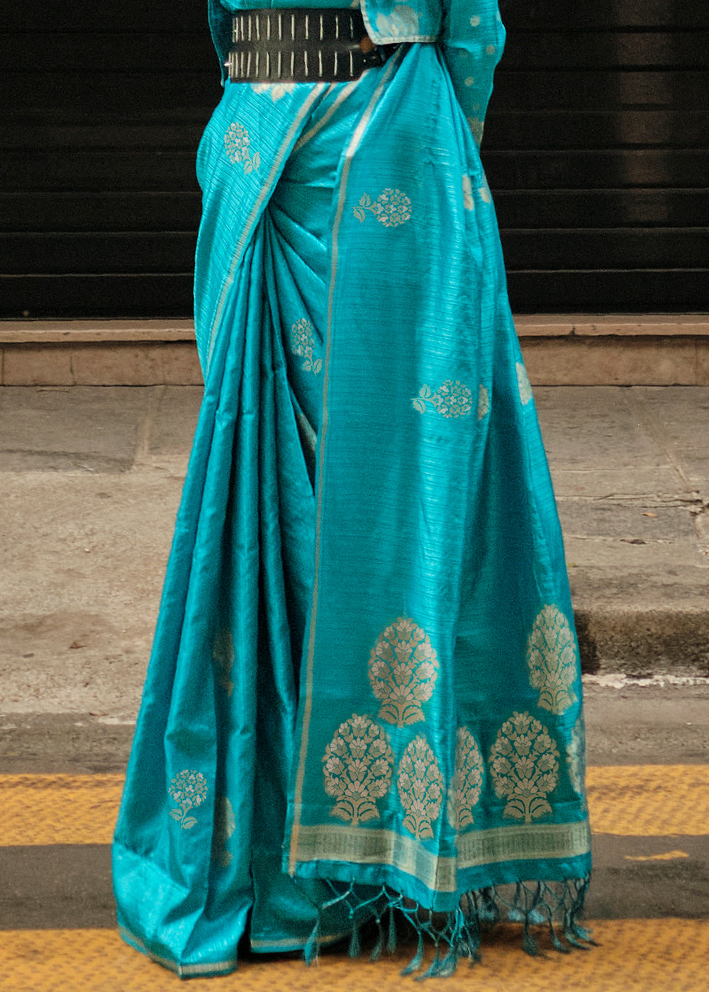 Cerulean Blue Zari Handloom Woven Satin Silk Saree