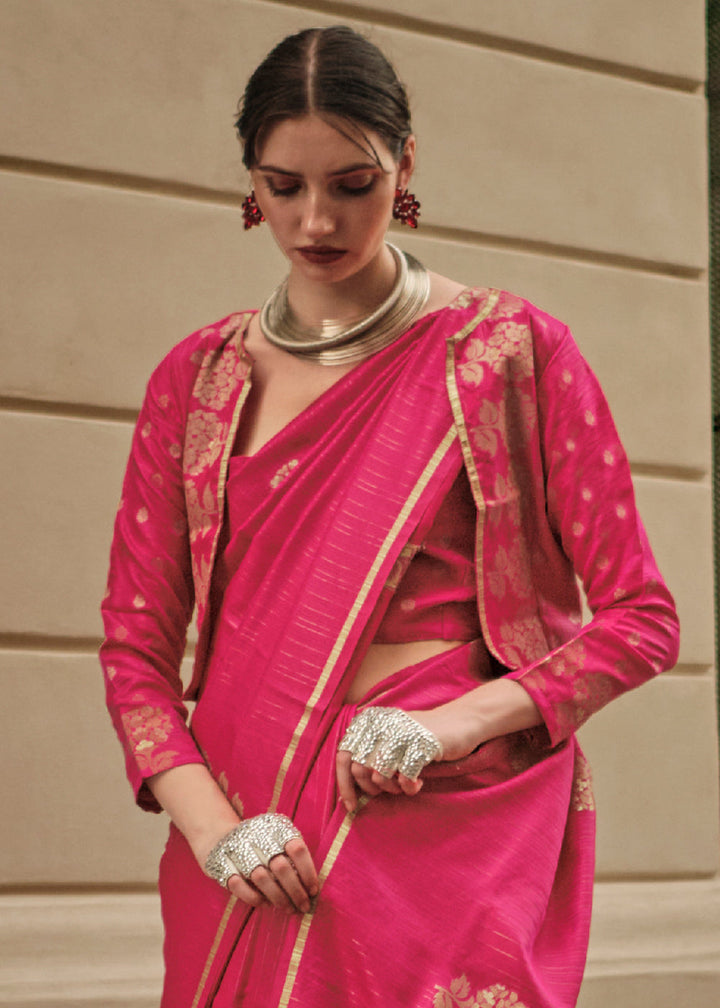 Cerise Pink Zari Handloom Woven Satin Silk Saree