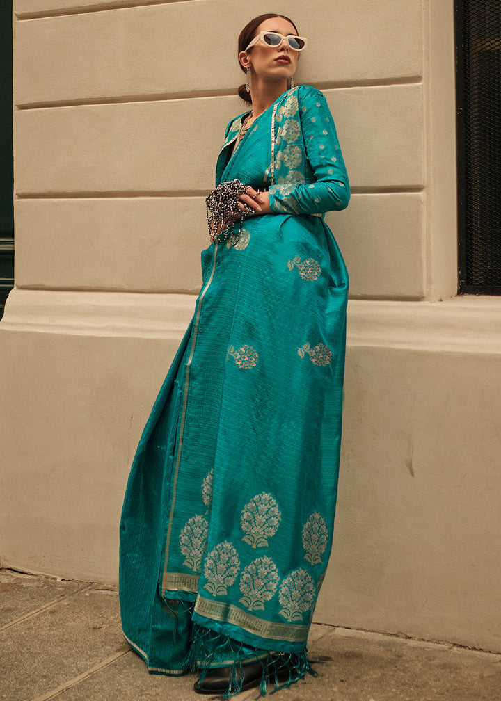 Dark Cyan Green Zari Handloom Woven Satin Silk Saree