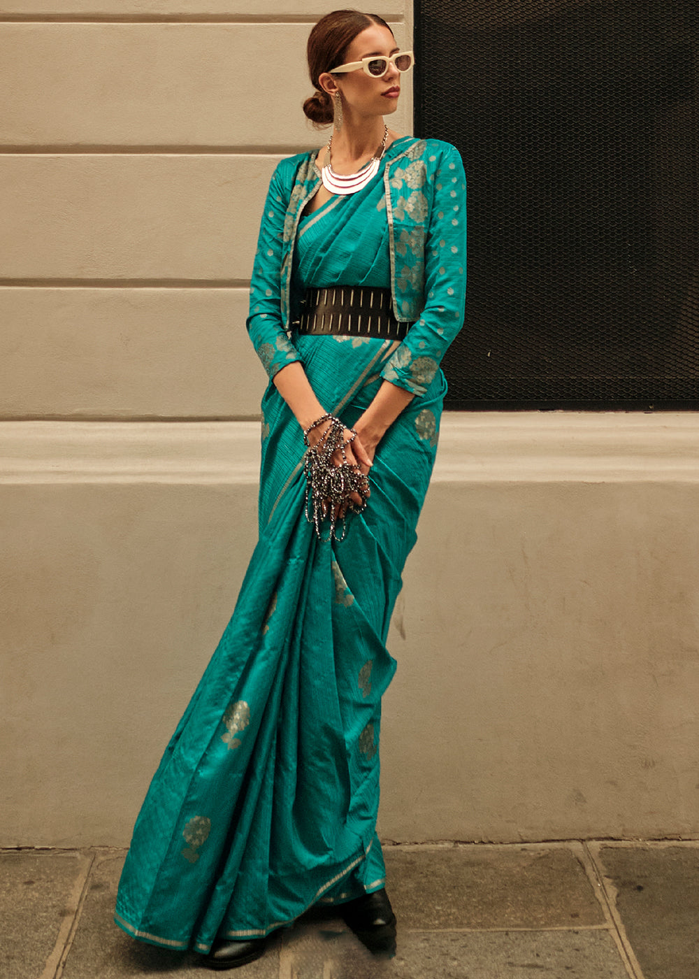 Dark Cyan Green Zari Handloom Woven Satin Silk Saree