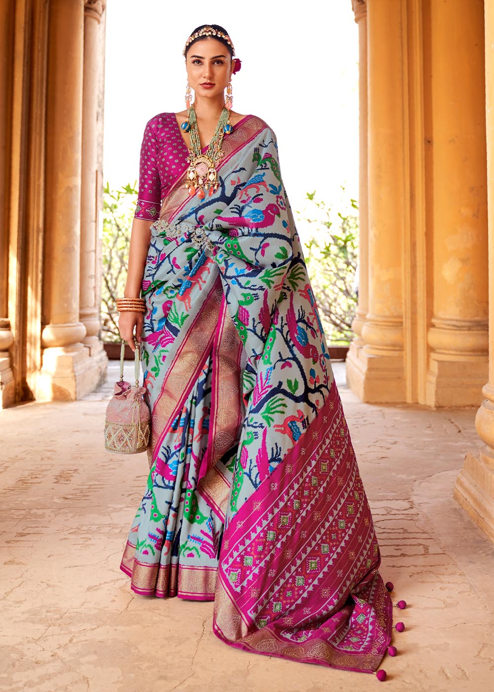 Ice Grey Printed Patola Silk Saree with Zari Border & Tassels on Pallu : Top Pick