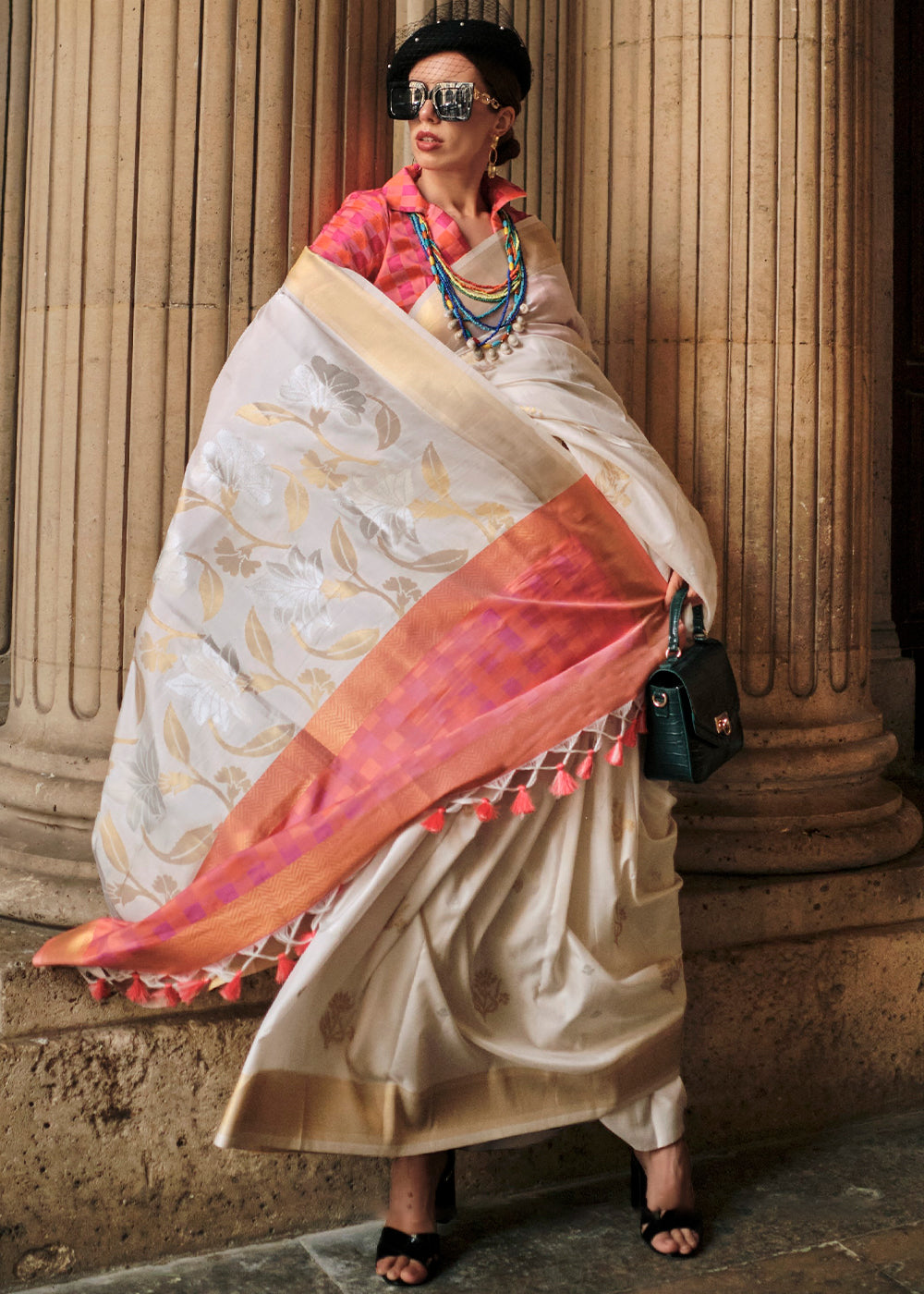 Pearl White Zari Handloom Woven Soft Silk Saree