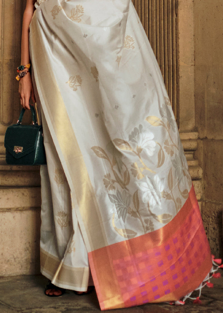 Pearl White Zari Handloom Woven Soft Silk Saree